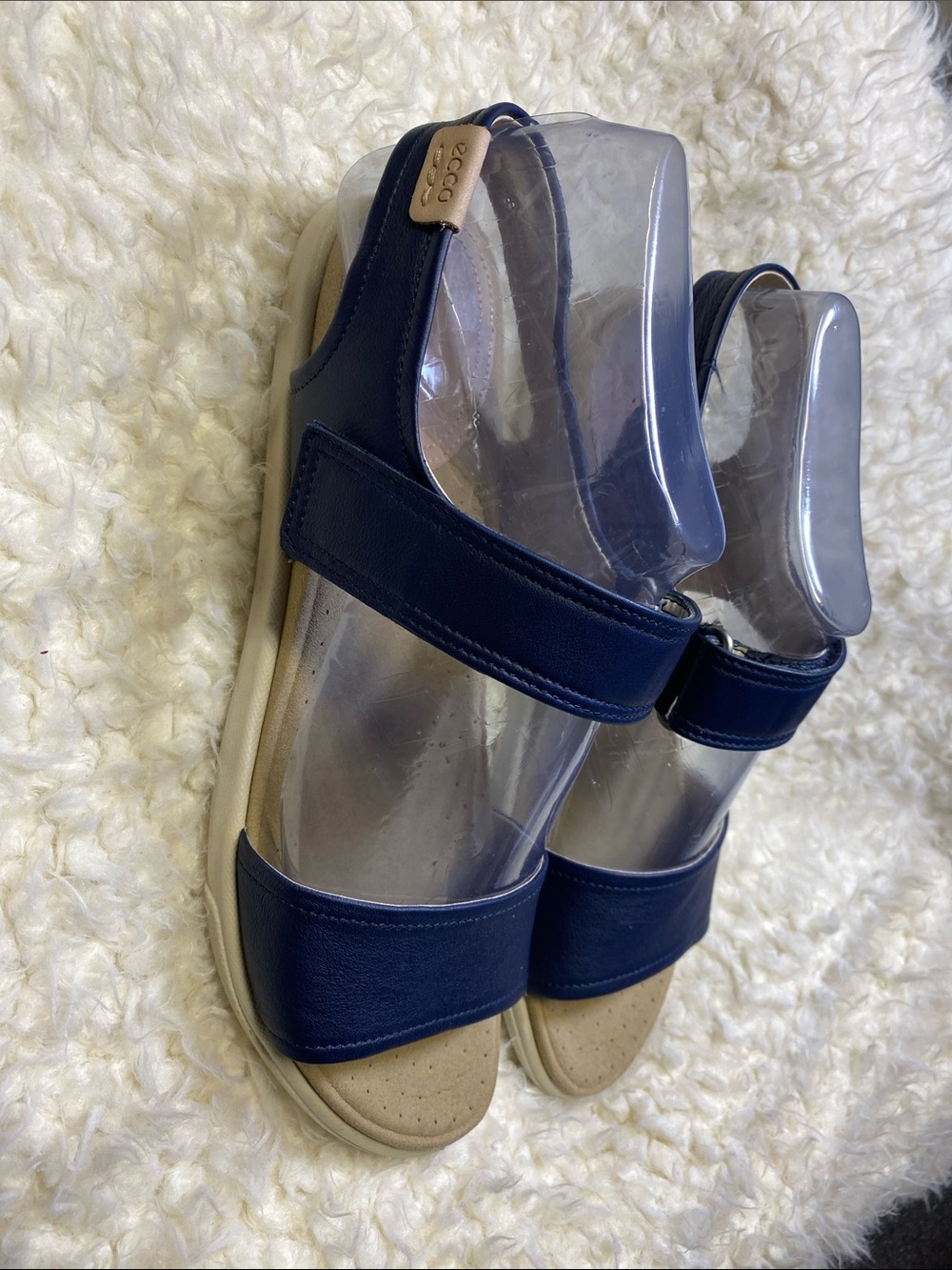 Leather Ecco Flowt 2-Band Flat Navy and Tan Sandals